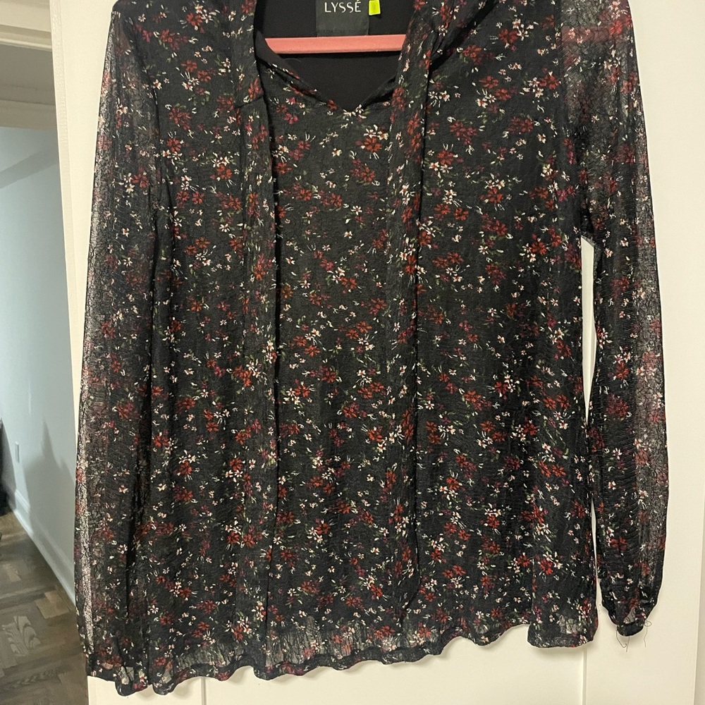 LYSSE Black Floral Long-Sleeve Blouse with Red & Cream Blooms